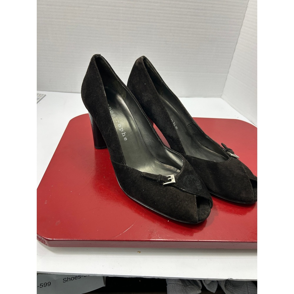 Apostrophe Suede Peep Toe Pumps 10M Black Buckle Block Heel Office Classic Chic